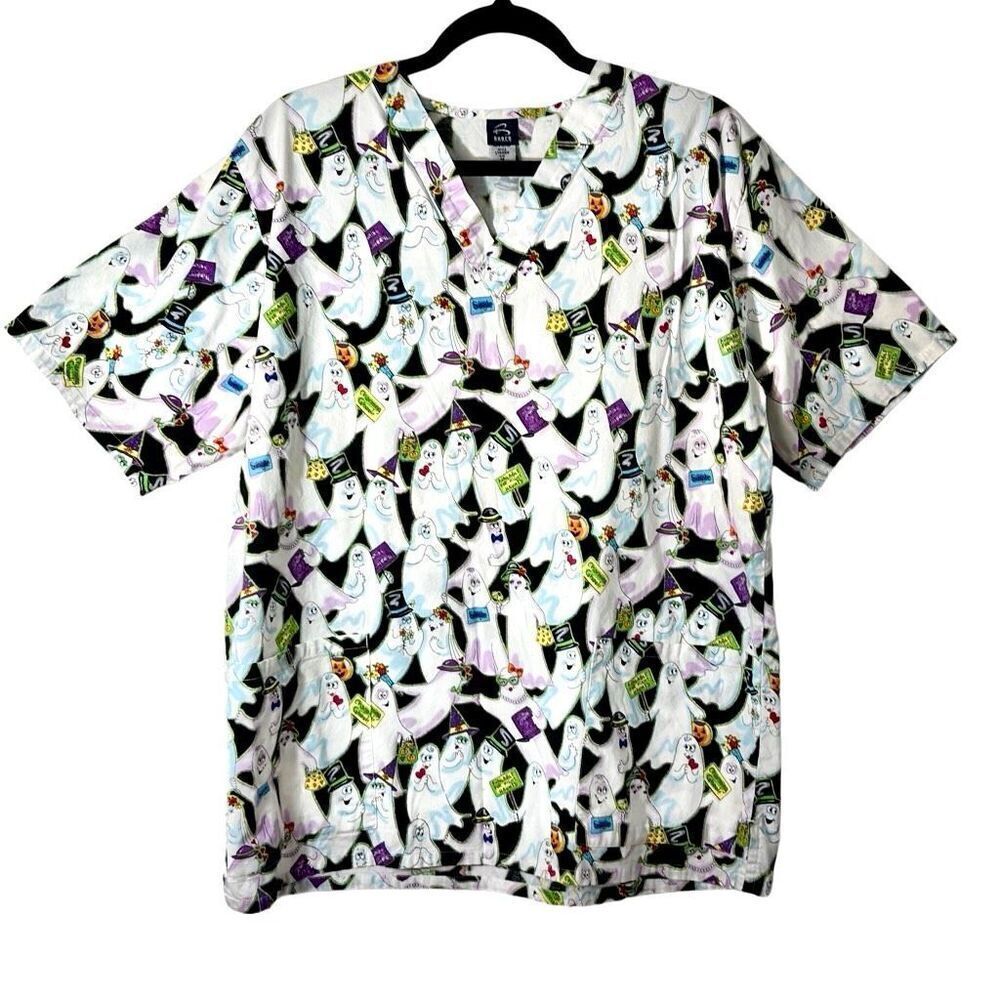 Barco Uniforms cotton cartoon ghosts print two pocket V- neck scrub top M